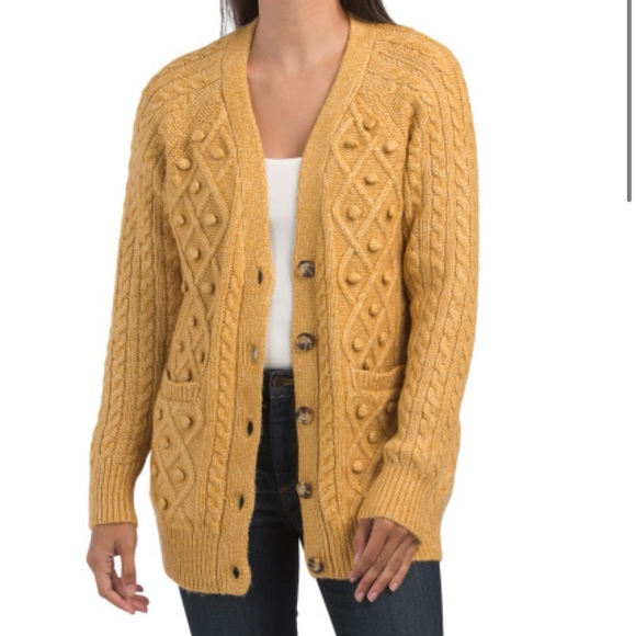 Cupcakes & Cashmere Mustard Tan Long Cable Cardigan with Bobbles & Pockets Large - Picture 7 of 7